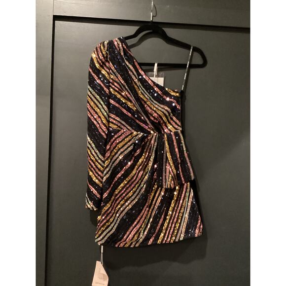 SELF PORTRAIT Stripe Sequin asymmetric one shoulder Mini Dress size 0 NWT - Picture 2 of 15